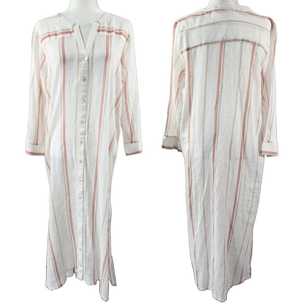 Garnet Hill 100% Organic Cotton White Stripe Gauze Button-Up Midi Shirt Dress